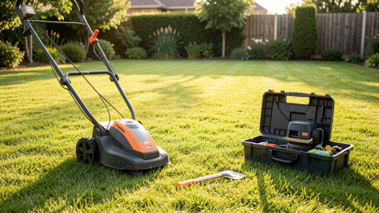 Scarificateur électrique posé devant une pelouse résidentielle bien entretenue, avec des outils de jardinage évoquant l’achat, la location ou la prestation professionnelle.