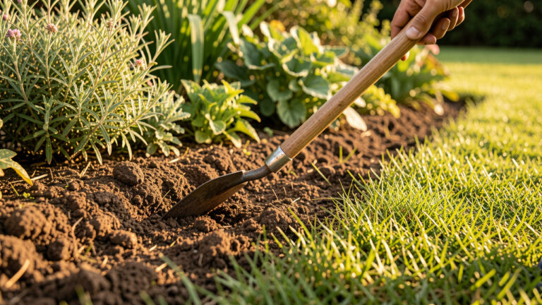 Une serfouette à lame étroite ameublit avec précision la terre autour d’un massif de jardin.