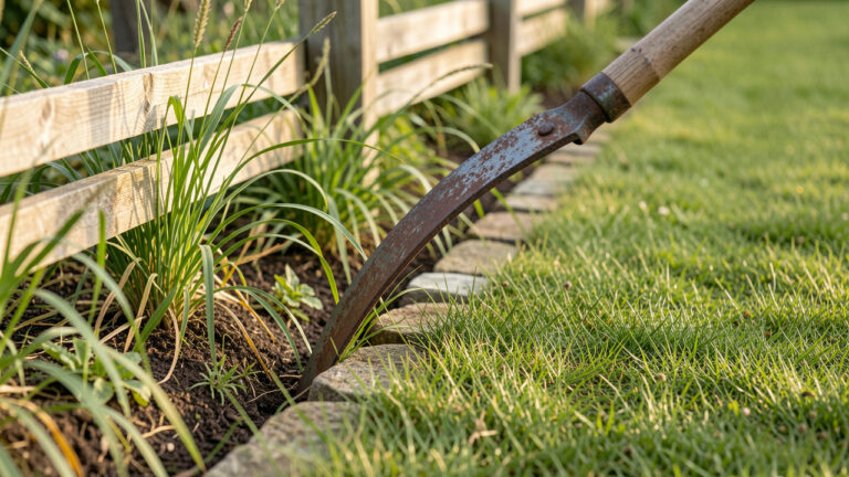 Serpe de jardin coupant avec précision l’herbe haute le long d’une bordure en pierre inaccessible à une tondeuse robot.