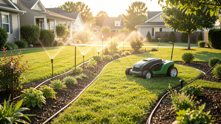 Jardin impeccable arrosé automatiquement avec jets et goutte-à-goutte, un robot tondeuse sur la pelouse, ambiance lumineuse naturelle.