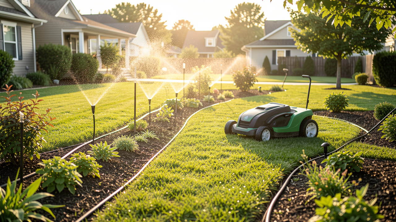 Jardin impeccable arrosé automatiquement avec jets et goutte-à-goutte, un robot tondeuse sur la pelouse, ambiance lumineuse naturelle.