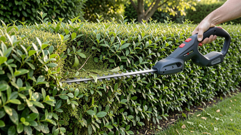 Taille-haie sans fil posé devant une haie dense fraîchement taillée aux lignes nettes dans un jardin verdoyant.