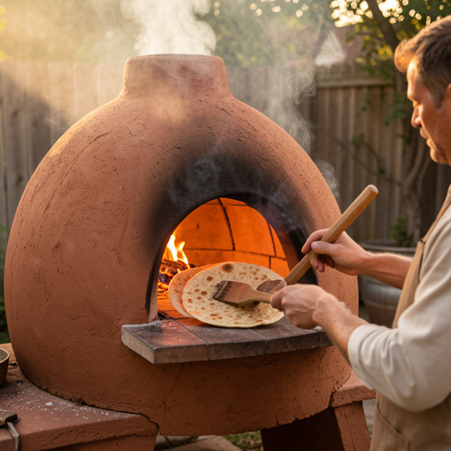 Four traditionnel tandir en argile, éclairé par une lueur chaleureuse, utilisé pour cuire un pain plat à l’extérieur, ambiance de cuisson artisanale.