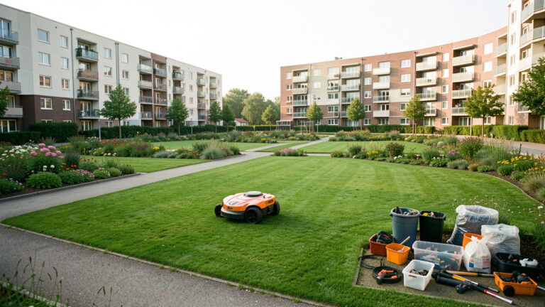 Robot tondeuse autonome entretenant une grande pelouse dans un espace vert collectif soigneusement aménagé.