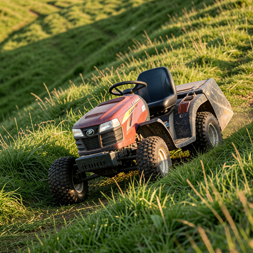 Tracteur tondeuse 4x4 pour terrain en pente en train de tondre une pelouse verte sur un sol en forte inclinaison, avec un rendu photo réaliste.