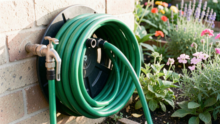 Tuyau d’arrosage vert correctement raccordé à un robinet extérieur et soigneusement enroulé dans un jardin fleuri.
