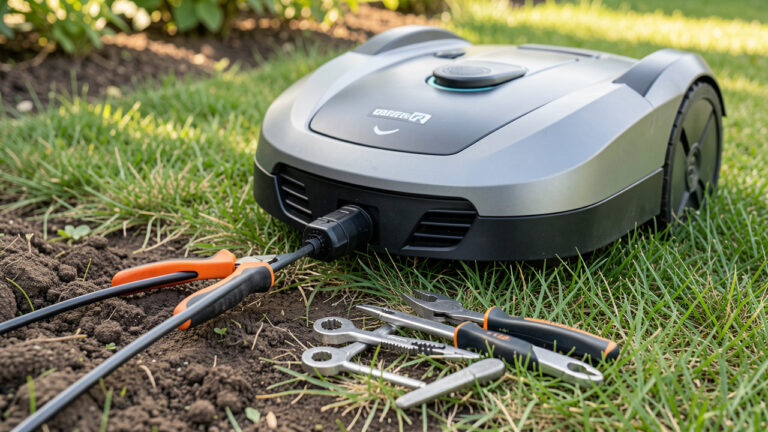 Robot tondeuse posé sur une pelouse, avec son câble guide et des outils disposés à proximité pour une vérification et une réparation.
